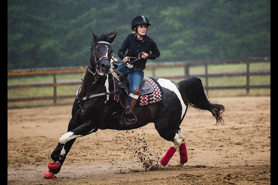 Sara Belin with Expecta Parti take part in the Campbell River Trail Riders final event of the season, a morning of gymkhana, on Sept. 22, 2019. Photo by Marissa Tiel/ Campbell River Mirror