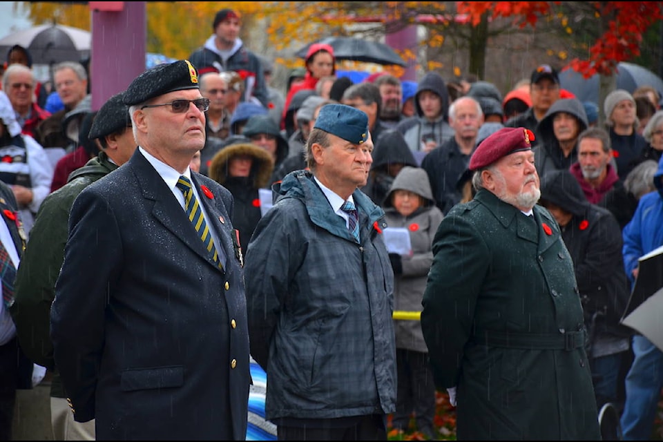 Campbell River veterans stand on the parade ground and remember those who gave their lives or were injured in conflict Monday morning during the Remembrance Day ceremony at the Campbell River Cenotaph. Photo by Alistair Taylor/Campbell River Mirror