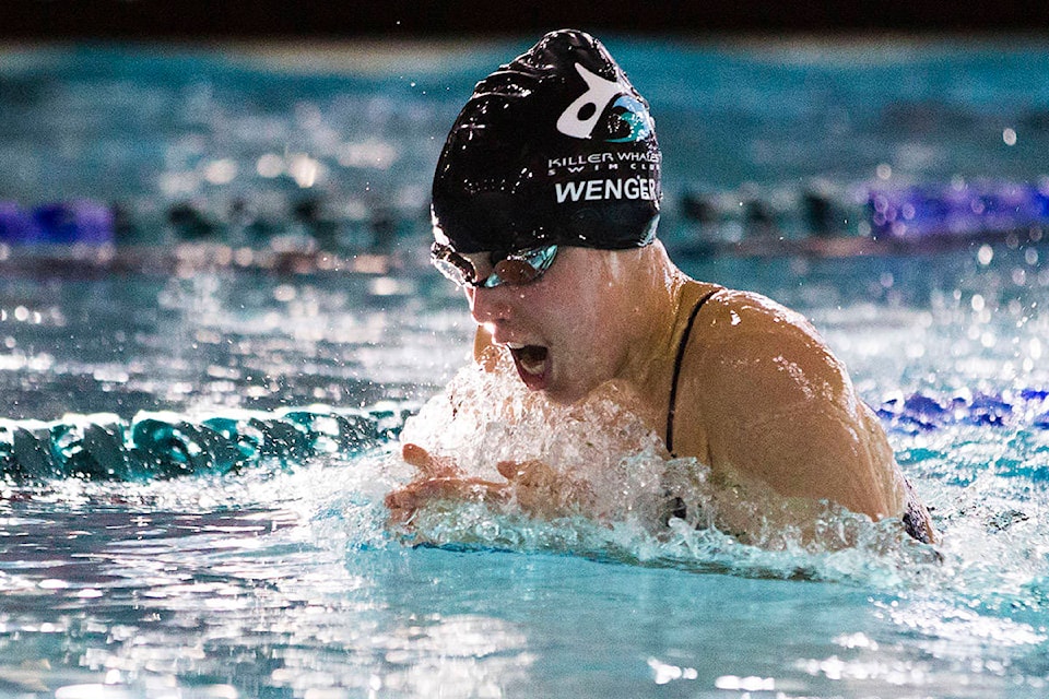 Summer Wenger competes in the 200m breaststroke during the 2019 Campbell River Killer Whale Swim Club Winter Classic at Strathcona Gardens on Nov. 24, 2019. She won the girls 13-14 category. Photo by Marissa Tiel/Campbell River Mirror
