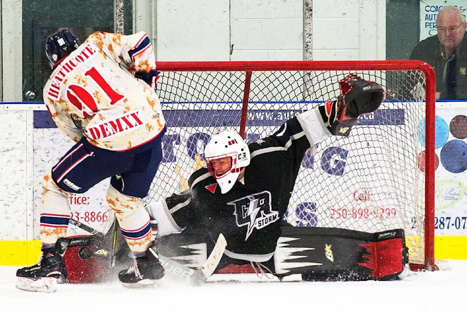 Aaron de Kok stops the final shoot-out shot to secure the win during shootout regular season VIJHL action at the Rod Brind’Amour Arena in Campbell River, B.C. on Nov. 29, 2019. The Campbell River Storm won in overtime 4-3. Photo by Marissa Tiel/Campbell River Mirror