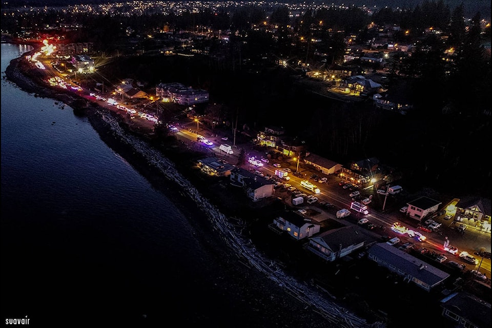 An aerial view of the Big Truck Parade in Campbell River, B.C. on Nov. 29, 2019. Photo by Suavair