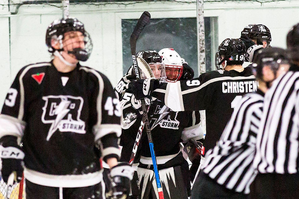 The Campbell River Storm celebrate their ninth win in a row during regular season Junior B action at the Rod Brind’Amour Arena in Campbell River, B.C. on Jan. 3, 2020. The Storm beat the Generals 1-0. Photo by Marissa Tiel/Campbell River Mirror