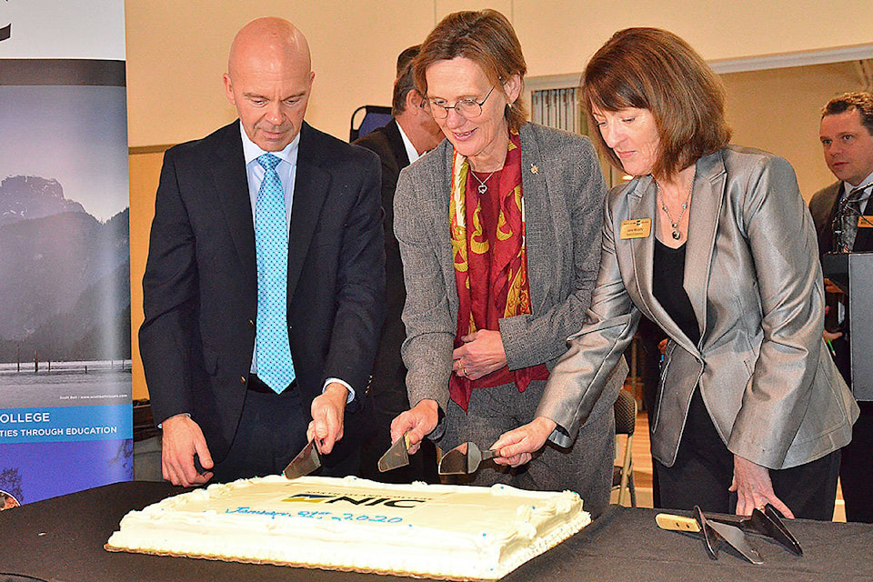 You have two options when it comes to officially opening a new facility – cut a ribbon or cut a cake. A cake cutting was chosen to officially open North Island College’s Campbell River campus expansion on Friday so (from left), college president John Bowman, North Island MLA Claire Trevena and NIC Board of Governors chair Jane Murphy had the honour of cutting the cake. Photo by Alistair Taylor – Campbell River Mirror
