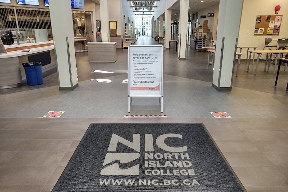 North Island College has placed signage and floor markings across campuses to show what physical distancing requirements need to be followed this year. Photo submitted