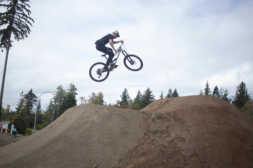 Chase Thomas gets air on the advanced trail at the Campbell River Bike Park. Photo by Marc Kitteringham, Campbell River Mirror