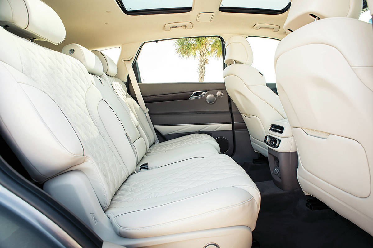 The second-row seat has plenty of room, although things are much tighter for the two occupants of the optional third row. PHOTO: GENESIS