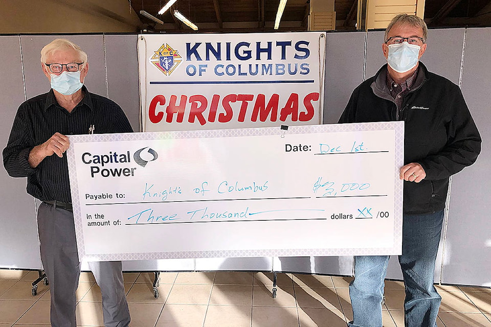 Hamper Fund volunteer Dennis Classen accepts a cheque for $3,000 from Greg Manzulenko of Capitol Power Corporation in support of the 2020 Hamper Fund effort. The Hamper Fund office is in the Tyee Plaza at 1135 Shoppers Row. The office hours are Monday to Saturday, 10am until 5pm. It is in this location where hamper application forms may be picked up and returned when completed before Dec. 5. The office is also where one can make a donation of money, new gifts and non-perishable food items to help with the 2020 effort. Hamper Delivery day is Saturday, Dec. 19 from the former Target building in the Discovery Harbour Mall. Photo submitted