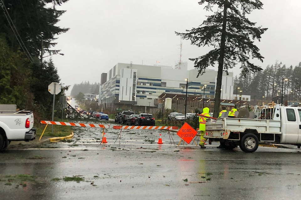 Crews work to clear fallen tree debris from the road outside Campbell River Hospital. Photo by Binny Paul/Campbell River Mirror.