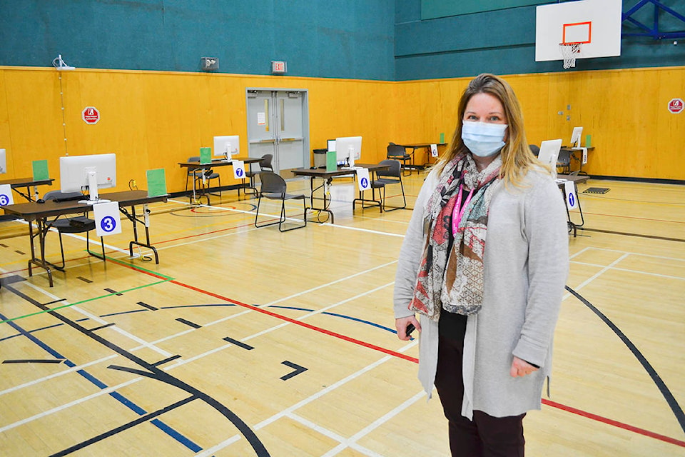 Island Health’s Stacey Chow said the Campbell River Community Centre is ready to welcome the public to the COVID-19 vaccination clinic being held in the gymnasium beginning Monday, March 15. Photo by Alistair Taylor – Campbell River Mirror
