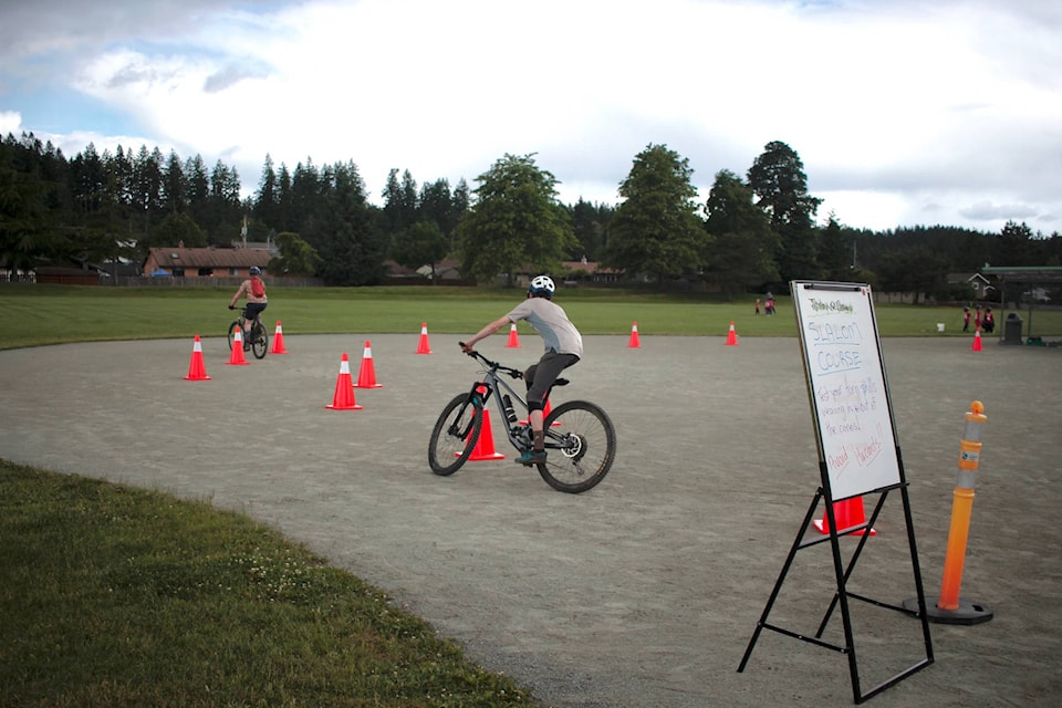 Riders Anna Chatterton, Rowen Berkey, Patrick Connor and Gavin Chatterton try their hand at the slalom course. Photo by Marc Kitteringham, Campbell River Mirror