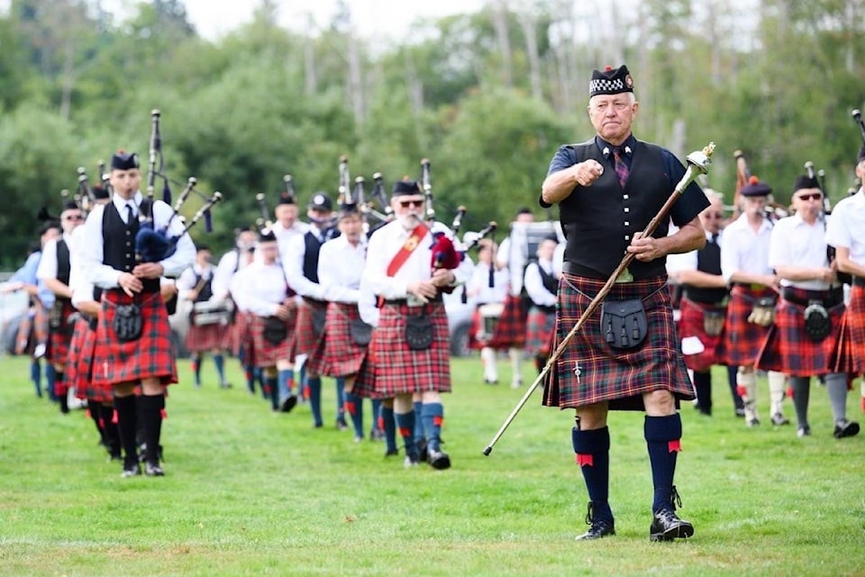 Massed bands participate in the Campbell River Highland Gathering opening ceremony on Aug. 7. Photo by Sean Feagan / Campbell River Mirror.
