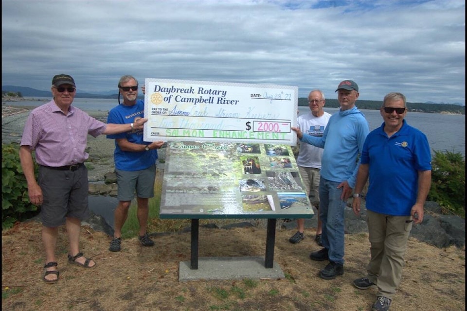 Bob Tonkin (l-r), Dave Bazowski, Doug Round, Bruce Murdock, Ron Perrin. Members of CR Daybreak Rotary and Courtenay Rotary Club provide cheque of derby proceeds to Simms Creek Stream Keeps. Submitted photo.