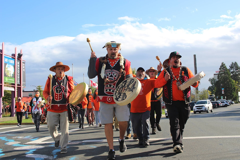 kKakwaka’wakw drummers lead a procession through the streets of Campbell River on the first national Truth and Reconciliation Day. Photo by Marc Kitteringham / Campbell River Mirror