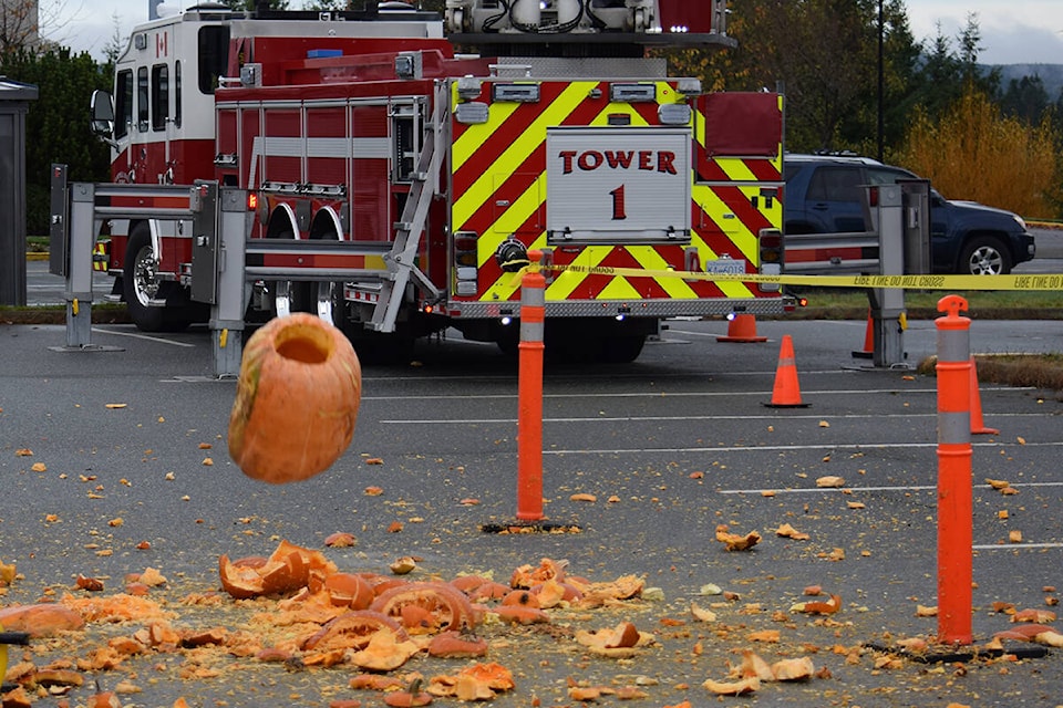 A particularly large pumpkin a moment before it made impact at the annual pumpkin smash in Campbell River. Ronan O’Doherty/ Campbell River Mirror