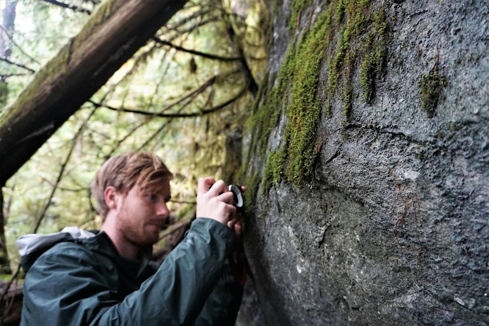 Researcher Dan Tucker doing an endangered moss survey in Haida Gwaii in September. Photo by Charlotte Houston.