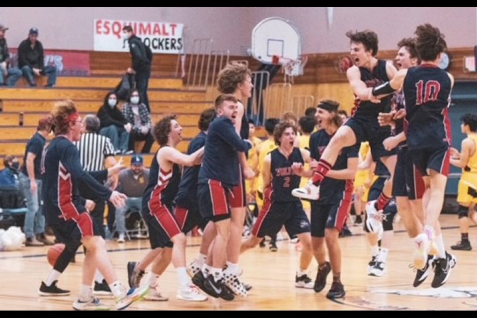 Timberline senior boys basketball team celebrates after securing a spot in the 2022 provincial tournament. Submitted photo
