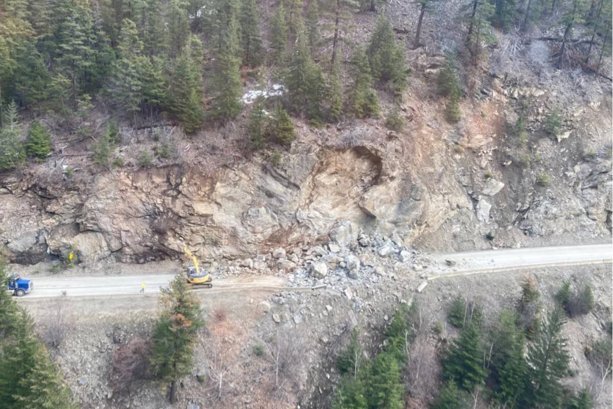 An aerial view of the March rockslide near Duffy Lake Provincial Park on Highway 99. (DriveBC)