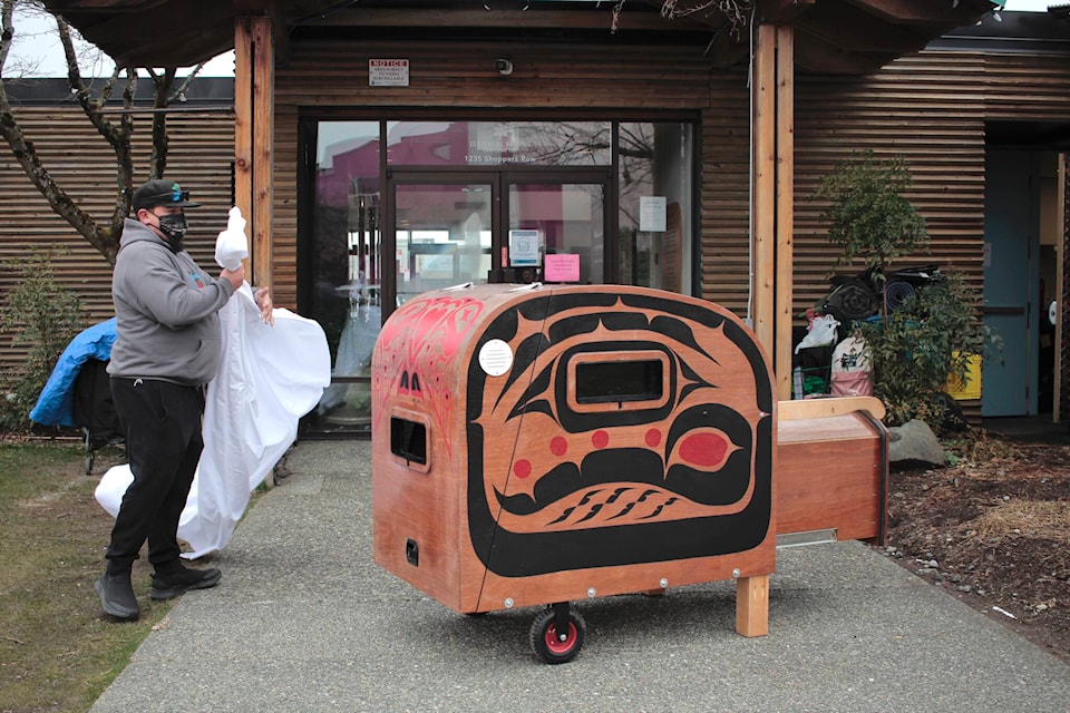 Shawn Decaire from Kwesa Place unveils the “Angel Pod” tiny home concept at the Campbell River Art Gallery. Photo by Marc Kitteringham/Campbell River Mirror