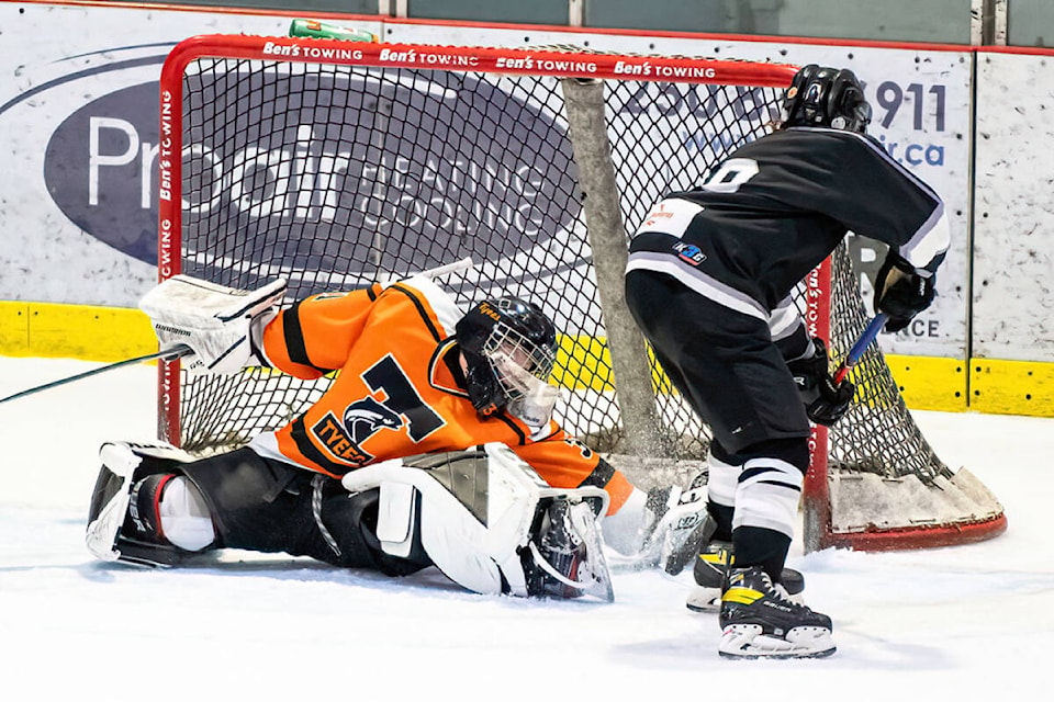 U13 Tyees goalie, Kole Anderosov robs a goal from a Williams Lake player at the U13 Tier II provincial championships in Salmon Arm. Kristal Burgess photo