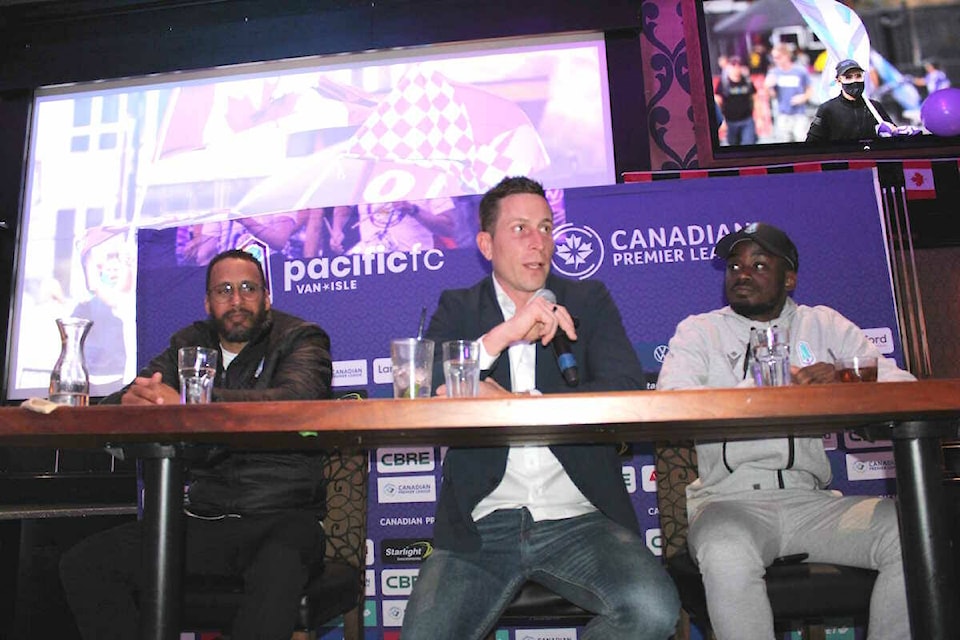 Pacific FC CEO Rob Friend (middle) speaks at a season kickoff event. (Jake Romphf/News Staff)