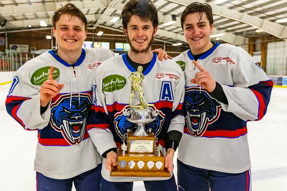 Assistant captain Logan Speirs (centre) scored a hat-trick including the winning overtime goal to help the Panthers win the VIJHL title Friday. Captain Riley Braun (left), league MVP and leading scorer, made a crucial save during a Generals power-play late in the game, while his brother Payton, VIJHL rookie of the year, made important contributions throughout the season, including Friday’s game witnessed by 500-plus fans. (Courtesy Christian J. Stewart Photography)