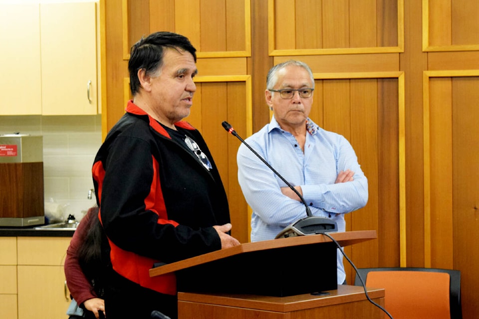 Ucluelet First Nation President Chuck McCarthy and Legislative Member Alan McCarthy speak to the ACRD board on April 13, 2022. (ELENA RARDON / ALBERNI VALLEY NEWS)