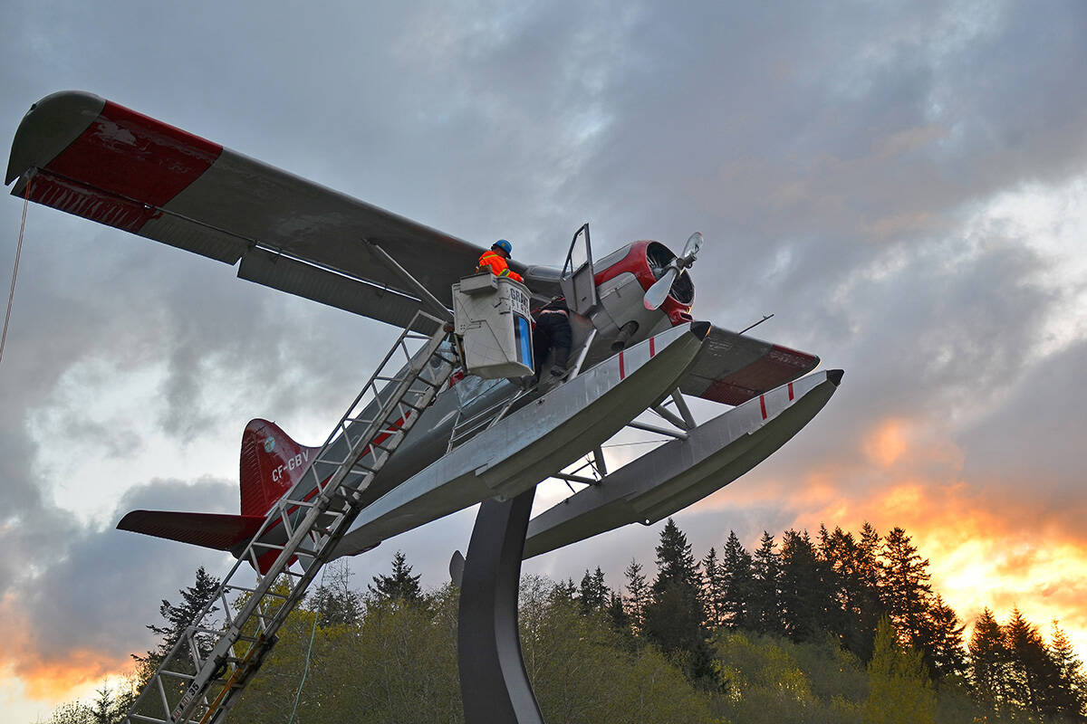 The de Havilland Beaver restored by Sealand Aviation sits atop the pedestal created at the Campbellton entrance to Campbell River at 14th Ave. and Highway 19 Monday, April 25 in a 10-year Campbellton Neighbourhood Association project to create a tribute to the citys aviation history. Photos by Alistair Taylor/Campbell River Mirror