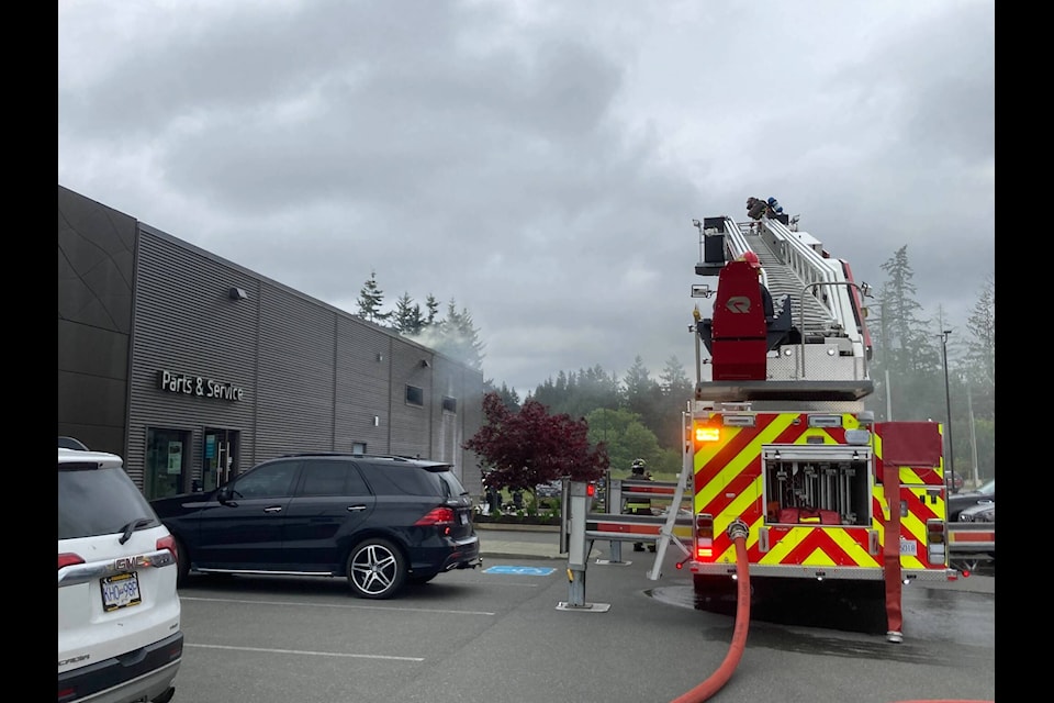 Crews fight the fire at a car dealership in Campbell River. Photo by Ronan O’Doherty/Campbell River Mirror