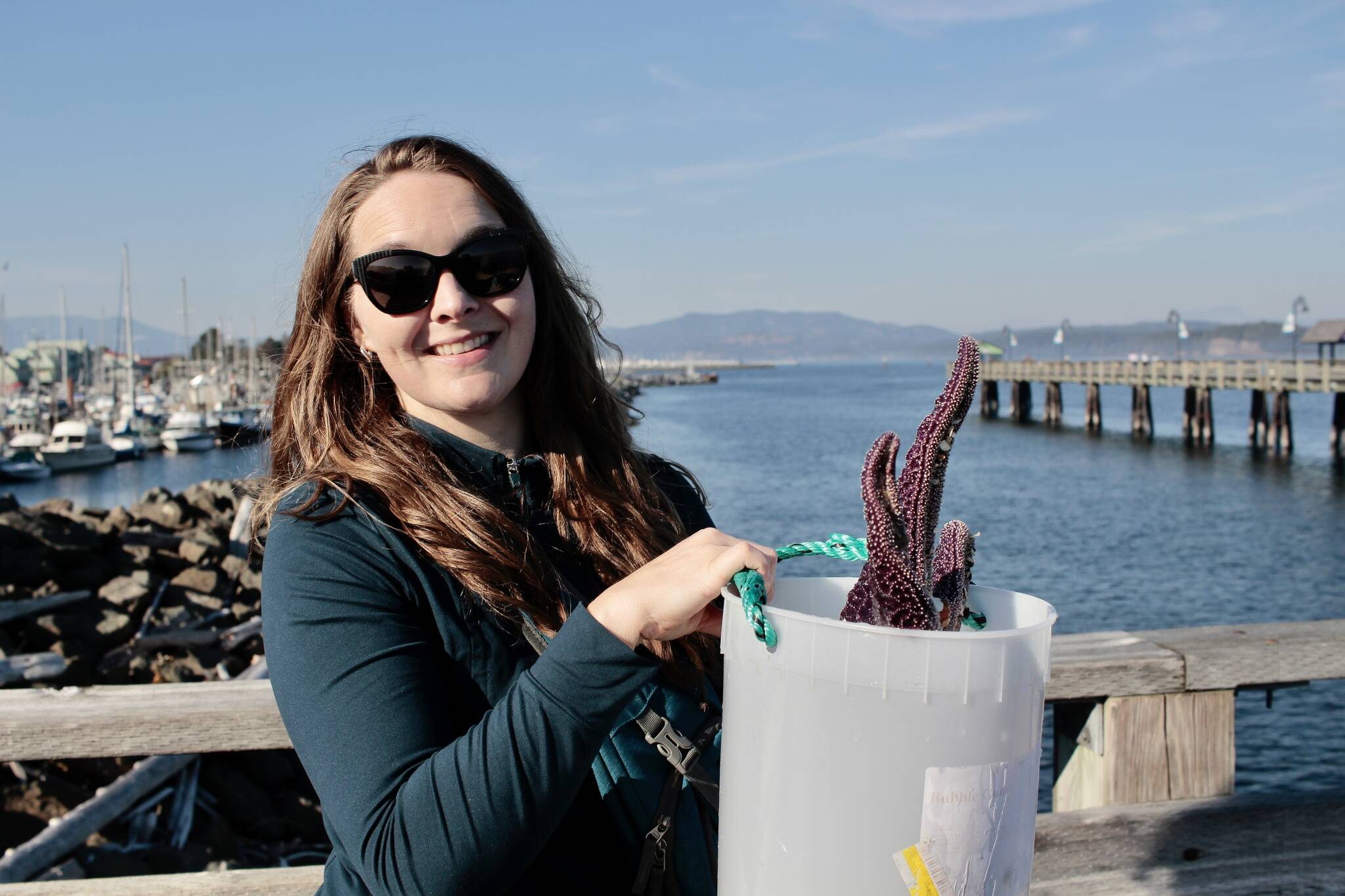 Serena Sirignano carries the large sea star to the pier to be released. Photo by Marc Kitteringham/Campbell River Mirror