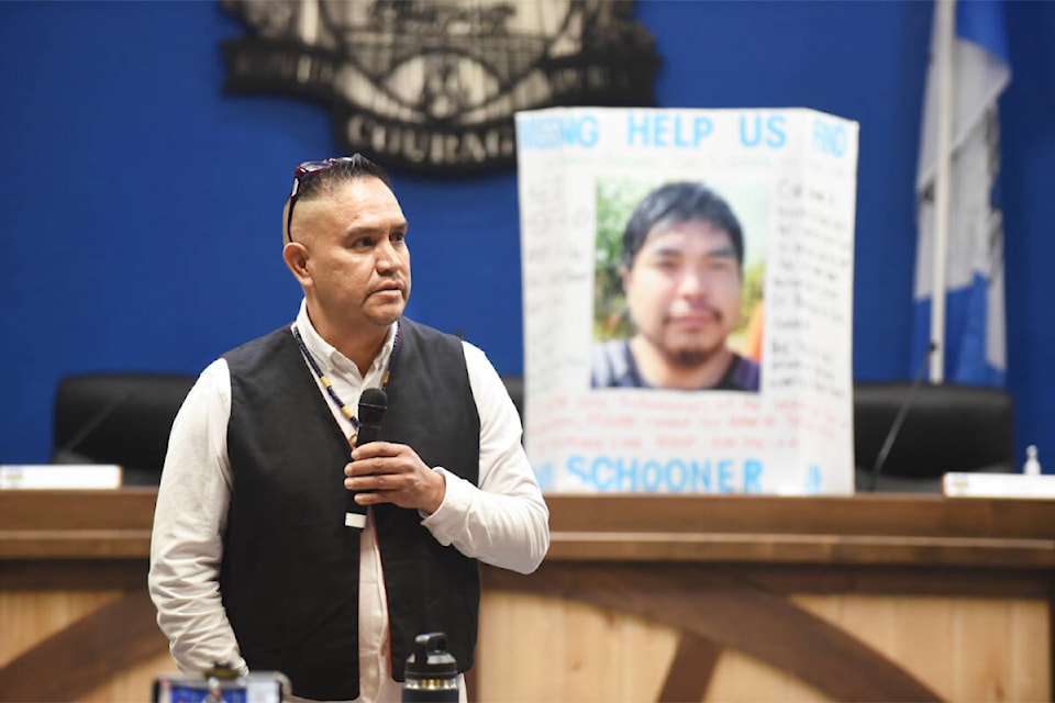Chief Samuel Schooner of Nuxalk Nation speaks at a press conference in Williams Lake Jan. 12, appealing for information regarding the disappearance if Carl Schooner Jr. (Ruth Lloyd photo - Williams Lake Tribune)