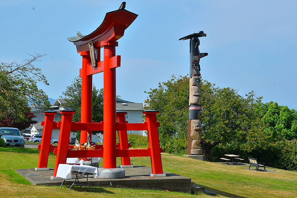 A Shinto Shrine ritual was held at Campbell River’s Torii Gate at Sequoia Park on Thursday, July 6, 2023, during a visit to the city by representatives of Ishikari, Japan, Campbell River’s sister city, who were here to mark the 40th anniversary of the twinning relationship. Photo by Alistair Taylor/Campbell River Mirror