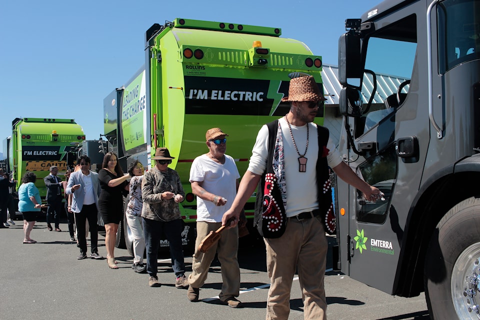 Cory Cliffe performs an Eagle Down ceremony to bless the new vehicles.