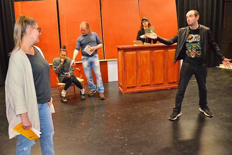 Cast members of Rivercity Players production of The Bookstore rehearse a scene. From left: Melony Larre, Cielo Richardson, James Clack, Isen Pellegrin and William Selby. 