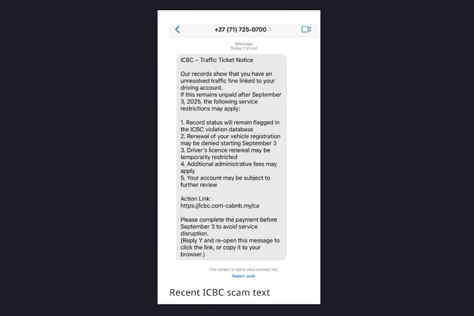 Police are warning the public about an ICBC scam circulating via cellphone text messaging. 