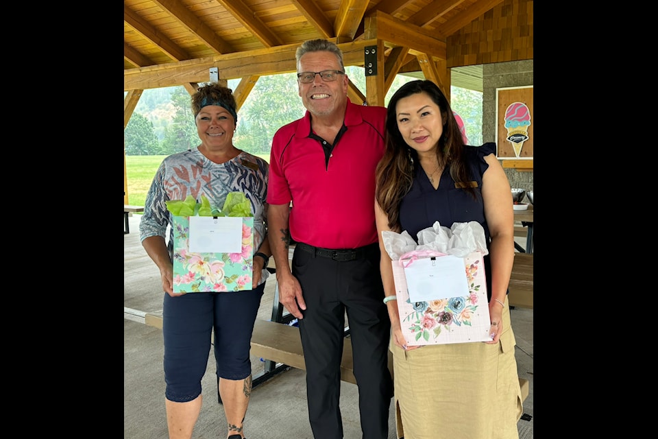 Castlegar councillor Brian Bogle (centre) presents gifts to CIB judges Leslie Cornell (R) and Tina Liu (L).