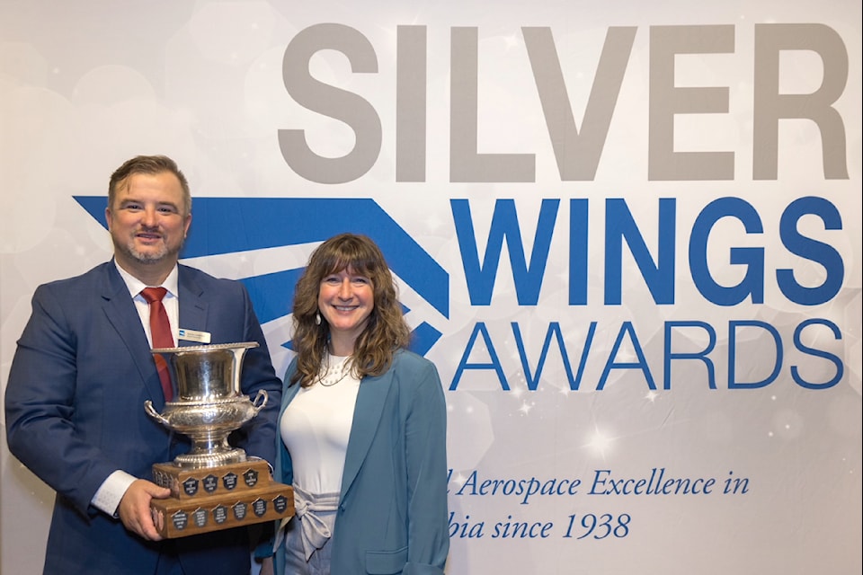 West Kootenay Regional Airport Manager Maciej Habrych and Castlegar Mayor Maria McFaddin accept a British Columbia Aviation Council award on Oct. 18.