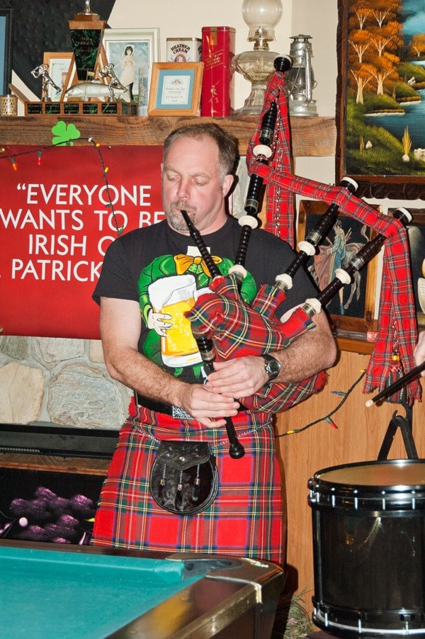Piper Len Coates at Nealy O'Briens Pub in Castlegar on St. Patrick's Day.