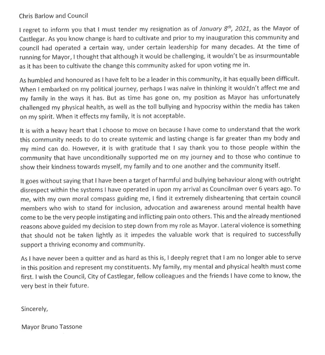 Bruno Tassone's resignation letter.