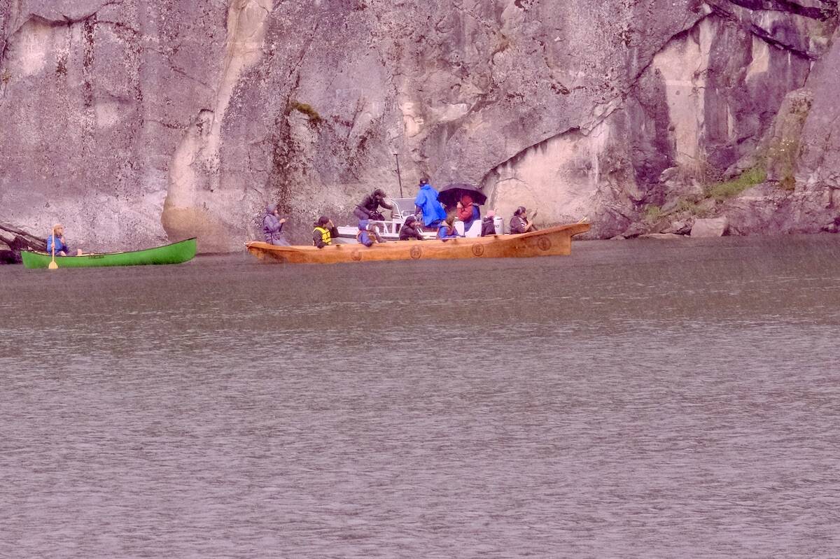 The Sinixt canoe at the pictographs on the west shore of Kootenay Lake near Nelson. Photo: Bill Metcalfe
