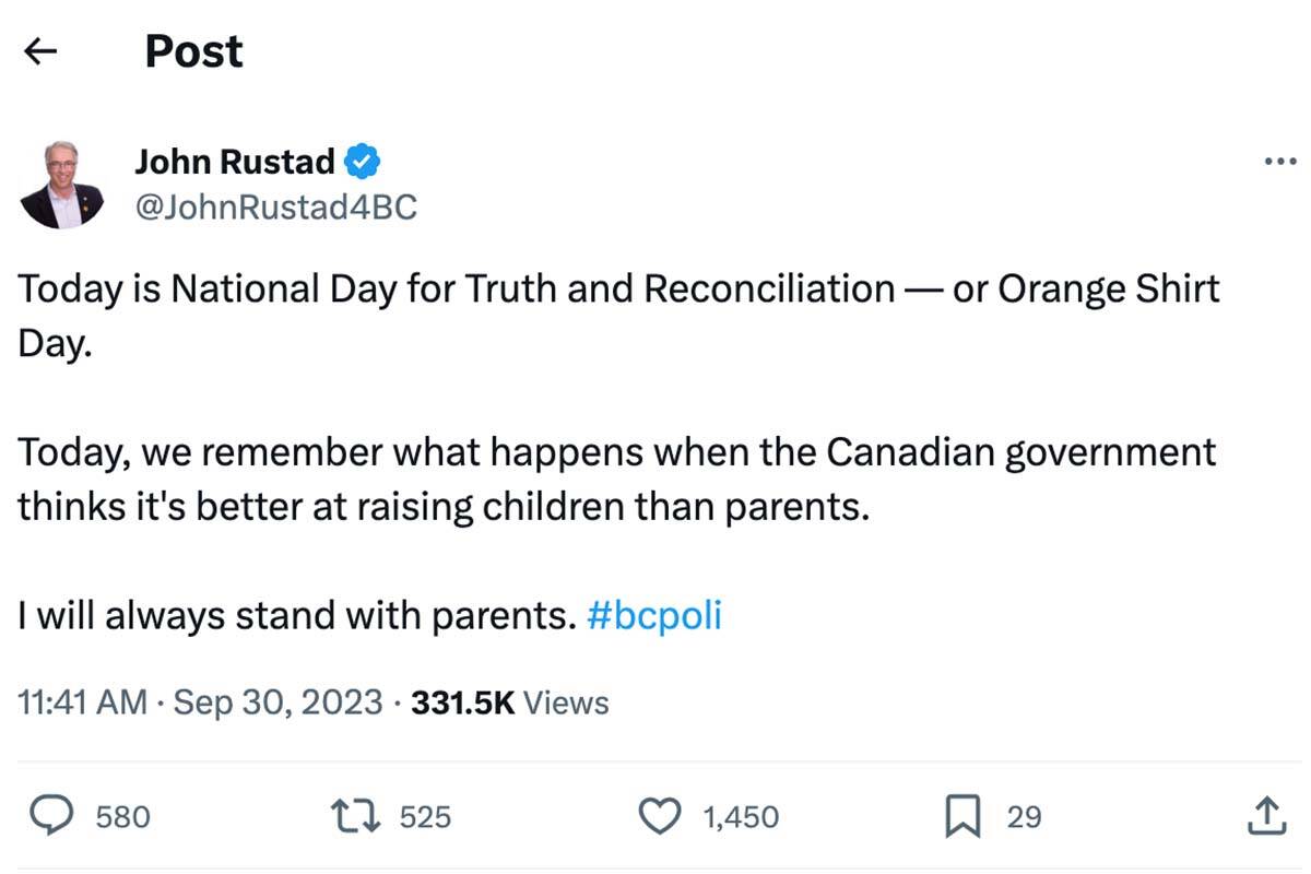 A post by B.C. Conservative Party Leader John Rustad to X, formerly known as Twitter, has drawn criticism for politicizing the National Day for Truth and Reconciliation. (Screenshot/X)
