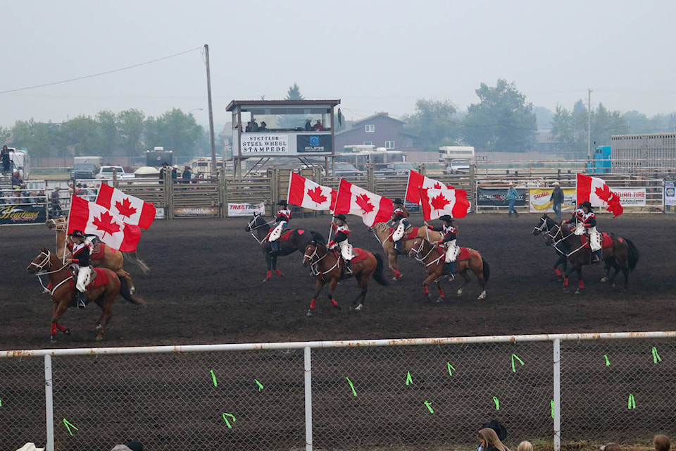 Stettler’s Ladies of the Heartland drill team both opened and closed the 2021 Stettler Steel Wheel Roughstock Rodeo on July 17, 2021. Kevin J Sabo photo.