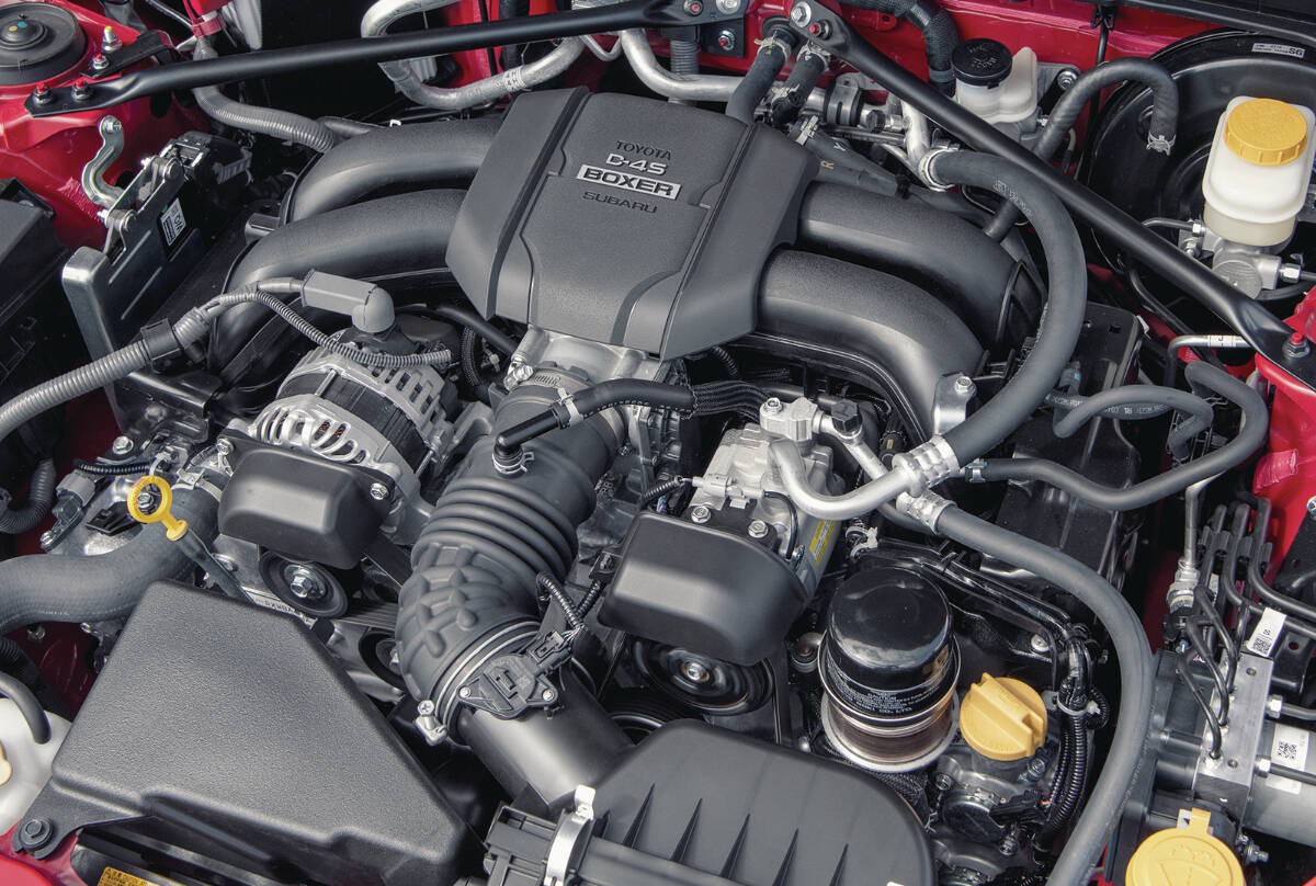 The GR86s horizontally opposed four-cylinder engine is a Subaru design that also powers the related Subaru BRZ. Output is 228 horsepower and 184 pound-feet of torque. Thats a nice bump from the previous 2.0s rating of 205/156. PHOTO: TOYOTA