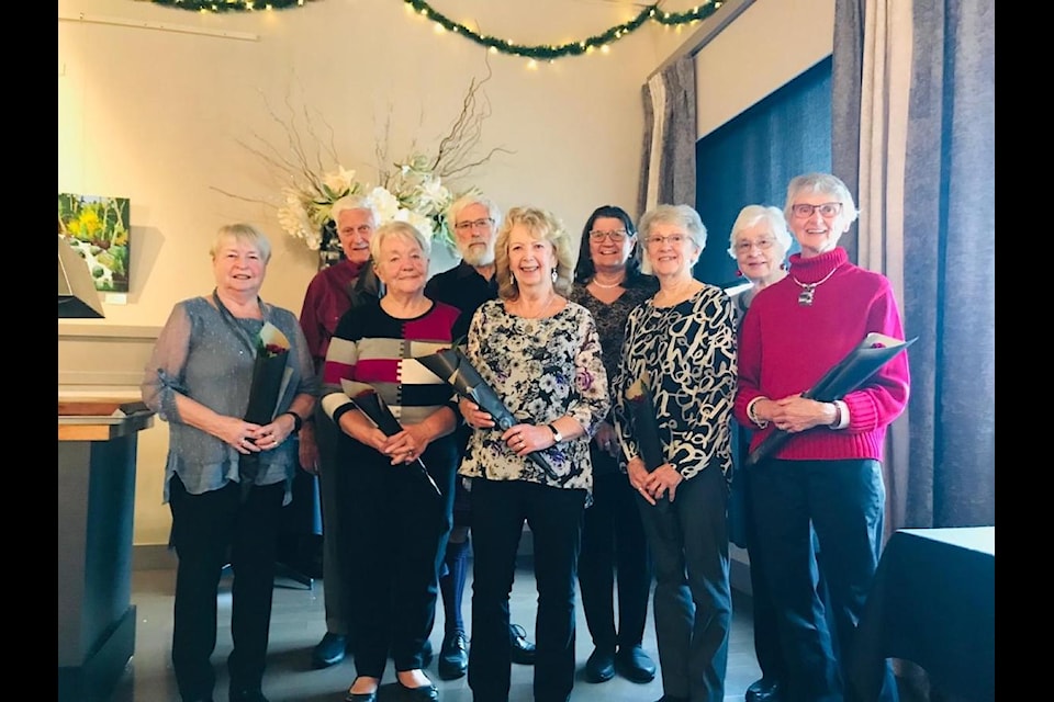The incoming board of the Chemainus Health Care Auxiliary (from left): Betty Guild, Ian Hardy, Donna Ferguson, Kerry McIntyre, President Donna McCasky, Laura Burgess, Marlene Hayes, Dawne Grant and Susan Beaubier. Absent: Lois Greenhill, Eun Young Gatward.
