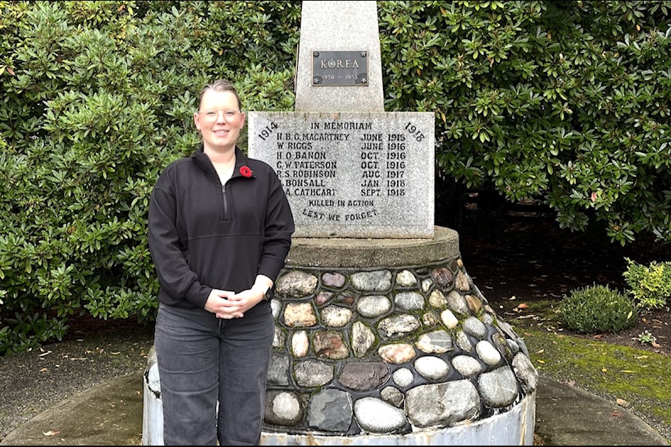 Selena Smakal visits the cenotaph in Chemainus near her home town of Crofton to honour the War Amps veterans she and her family owe so much to.