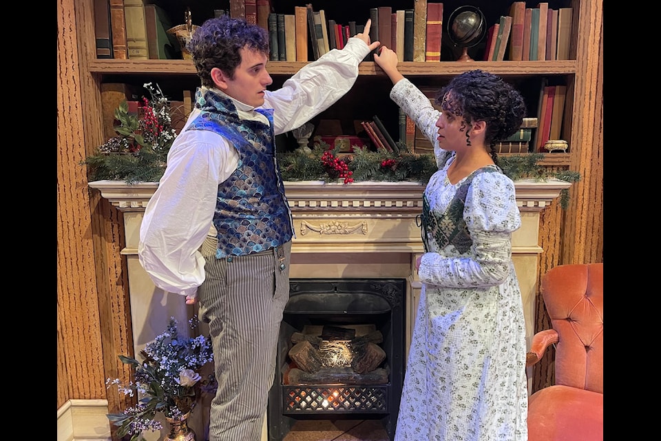 Connor Lucas as Arthur De Bourgh and Rebbekah Ogden as Mary Bennet in 'Miss Bennet: Christmas at Pemberley' at  Chemainus Theatre.
