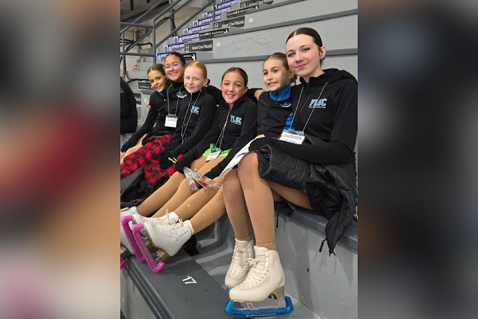 From left: Caitlin Varcoe, Naomi Ferguson, Ella Donovan, Isla Fink, Quinn Montgomery, and Ella Stuart of the Fuller Lake Skating Club competed at the STAR 3 level at the Vancouver Island Interclub Competition, held Nov. 15–17 in Campbell River.