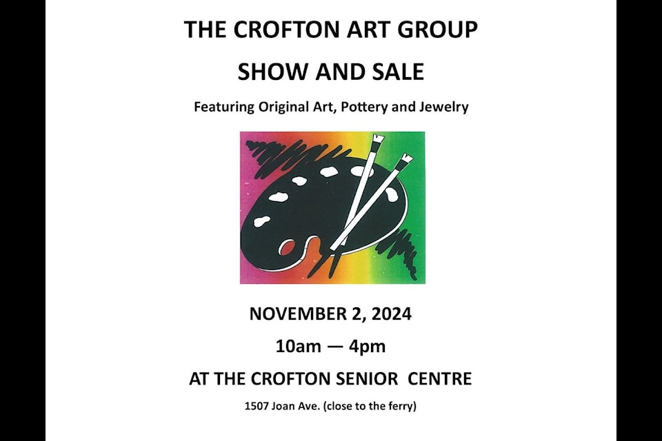 Chat with local artists and find gifts for everyone on your list (and perhaps a little something for yourself) while enjoying a celebration of local artistry and community at the Crofton Seniors Centre, located at 1507 Joan Ave. near the ferry terminal in Crofton.