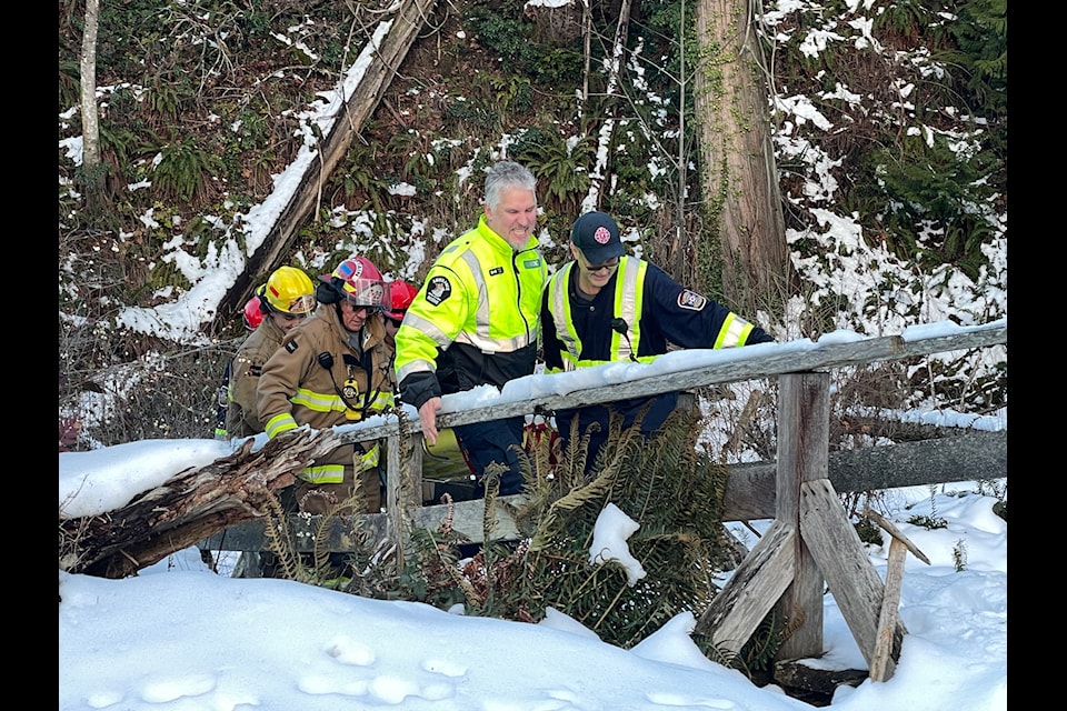 A teen had to be rescued after falling down an embankment into the freezing ocean in Chemainus on Friday, Feb. 14.