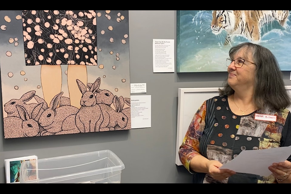Fellow poet Nadine McInnis read 'Anticipation' on behalf of Vicki Mcleod at the 'Convergence: Images + Words' celebration March 2. The poem was inspired by artist Diana Durrand’s mixed-media painting titled 'There was no need to wait alone'.
