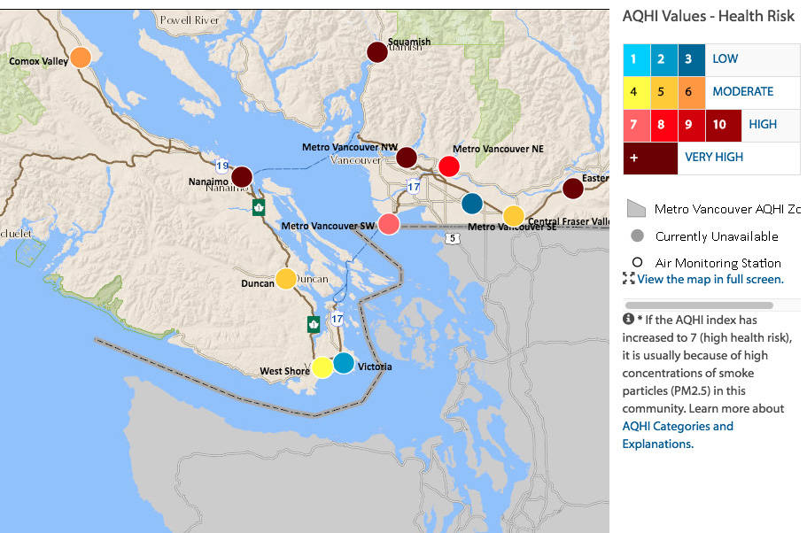 Mid-Vancouver Island air quality risk very high